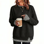 Women Crew Neck Fake Two Piece Striped Patchwork Drop Shoulder Oversized Sweatshirt