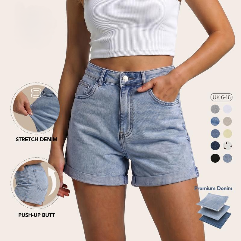 High Waisted Stretch Denim Shorts with Turn-Up Hem