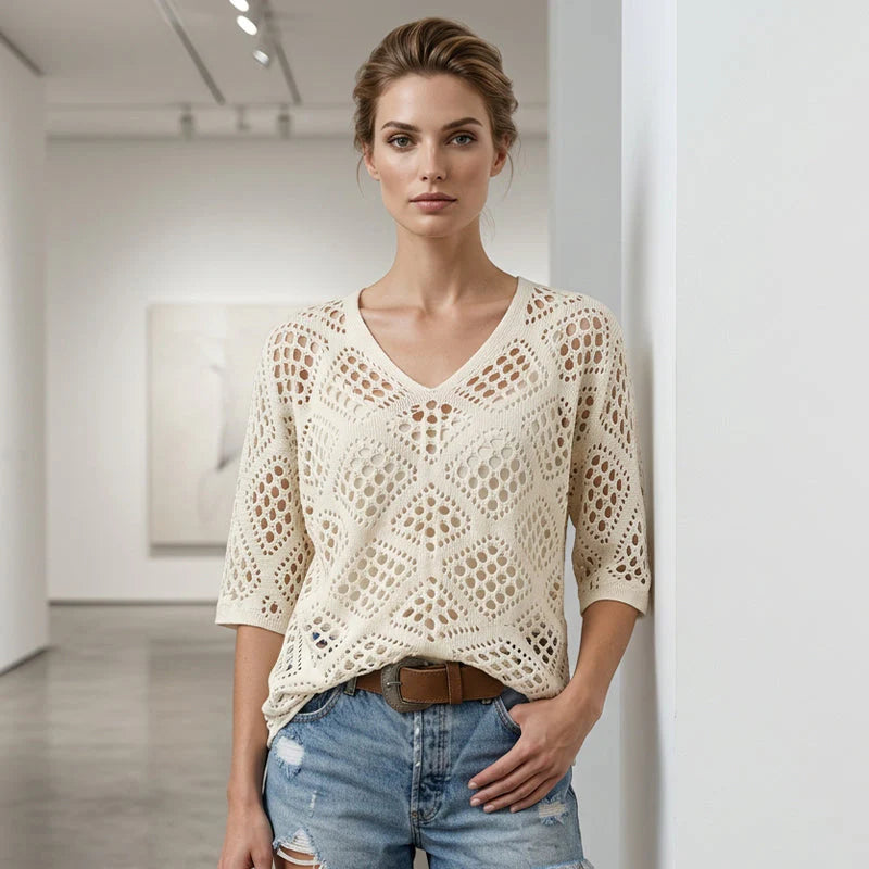 ❤️Womens Bohemian-Inspired Beige Crochet Top With V-Neck