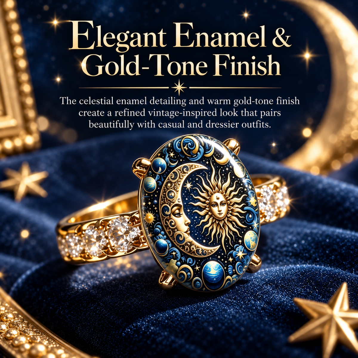 🎁BUY 1 GET 1 FREE💫 Mystical Cosmic Enamel Ring – Copper & Gold Sun Moon Design, Perfect for Anniversaries, Daily Style & Romantic Gifting