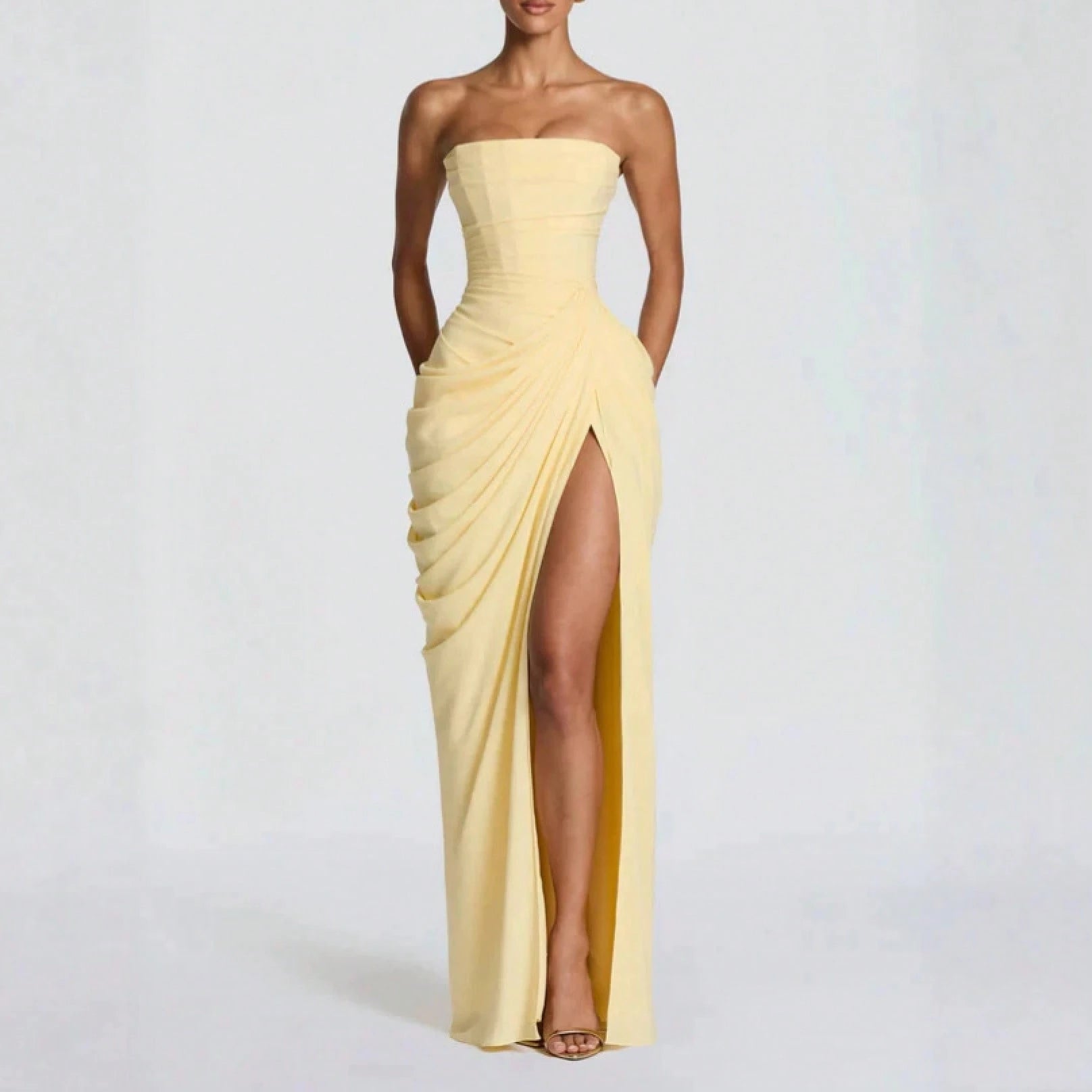 Strapless Ruched Draped Maxi Dress – Flattering Fit for All Sizes