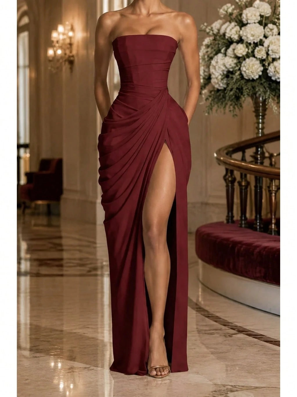 Strapless Ruched Draped Maxi Dress – Flattering Fit for All Sizes