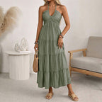 🌴 Women's Halter Neck Backless Maxi Dress – Tiered, Flowy, Resort Style 🌺