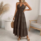 🌴 Women's Halter Neck Backless Maxi Dress – Tiered, Flowy, Resort Style 🌺
