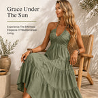 🌴 Women's Halter Neck Backless Maxi Dress – Tiered, Flowy, Resort Style 🌺