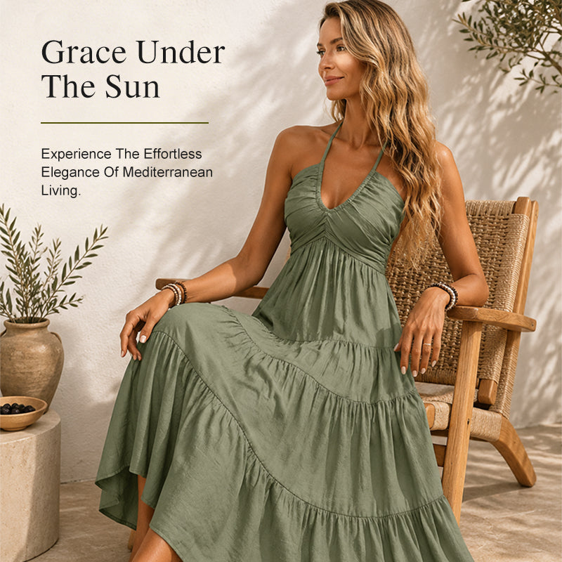 🌴 Women's Halter Neck Backless Maxi Dress – Tiered, Flowy, Resort Style 🌺
