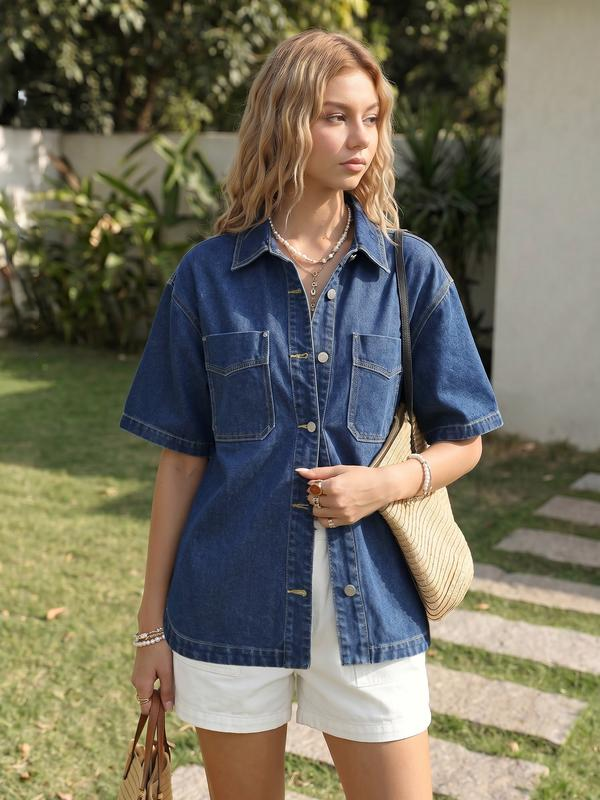 Vintage Short Sleeve Denim Jacket – Button-Down Trucker Shirt with Chest Pockets