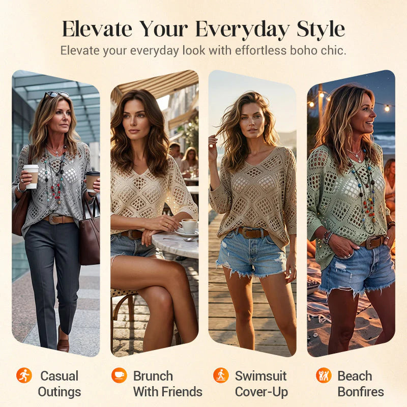 ❤️Womens Bohemian-Inspired Beige Crochet Top With V-Neck