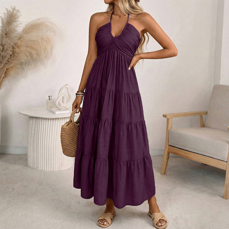🌴 Women's Halter Neck Backless Maxi Dress – Tiered, Flowy, Resort Style 🌺
