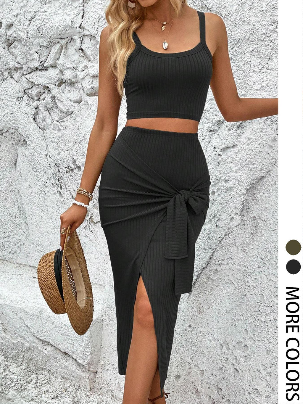 Women's Ribbed Crop Top & Wrap Split Skirt Set