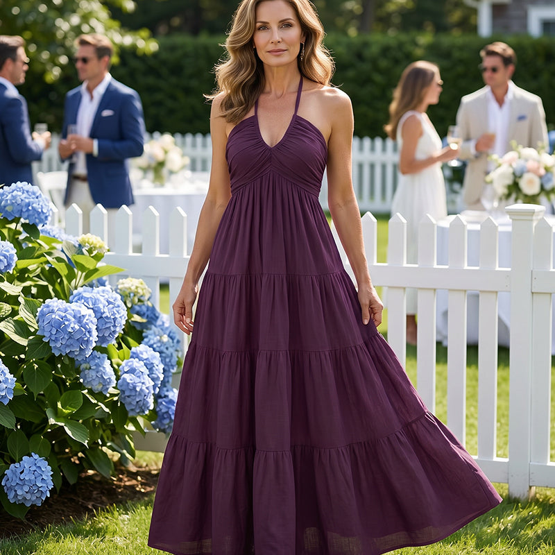 🌴 Women's Halter Neck Backless Maxi Dress – Tiered, Flowy, Resort Style 🌺