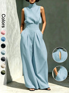 Elegant Linen Blend 2-Piece Set – Sleeveless Top & Wide Leg Pants