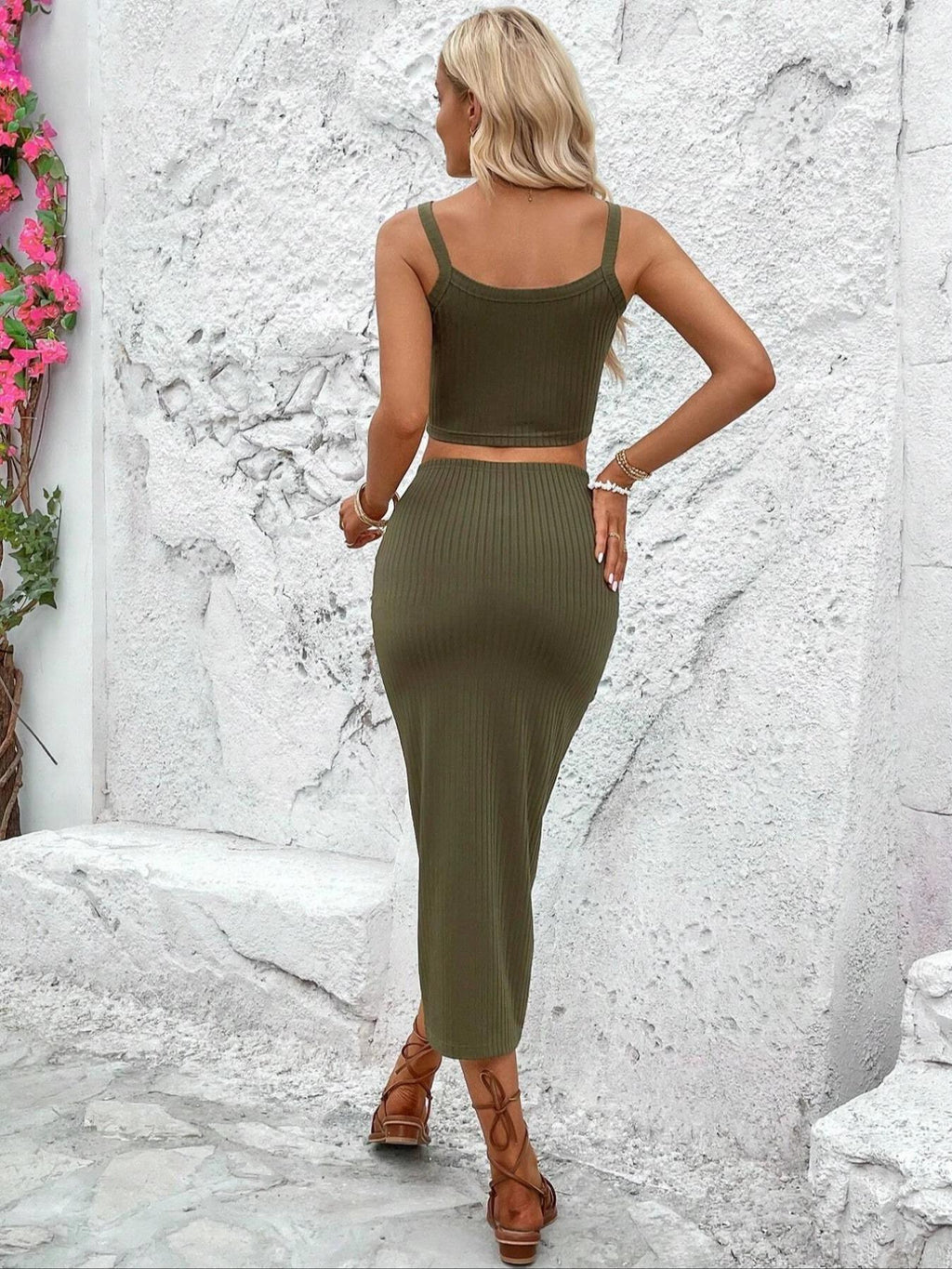 Women's Ribbed Crop Top & Wrap Split Skirt Set