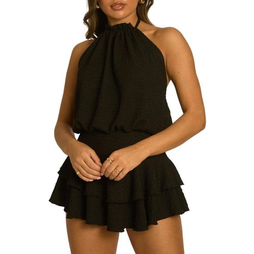 Textured Halterneck Playsuit with Flippy Hem