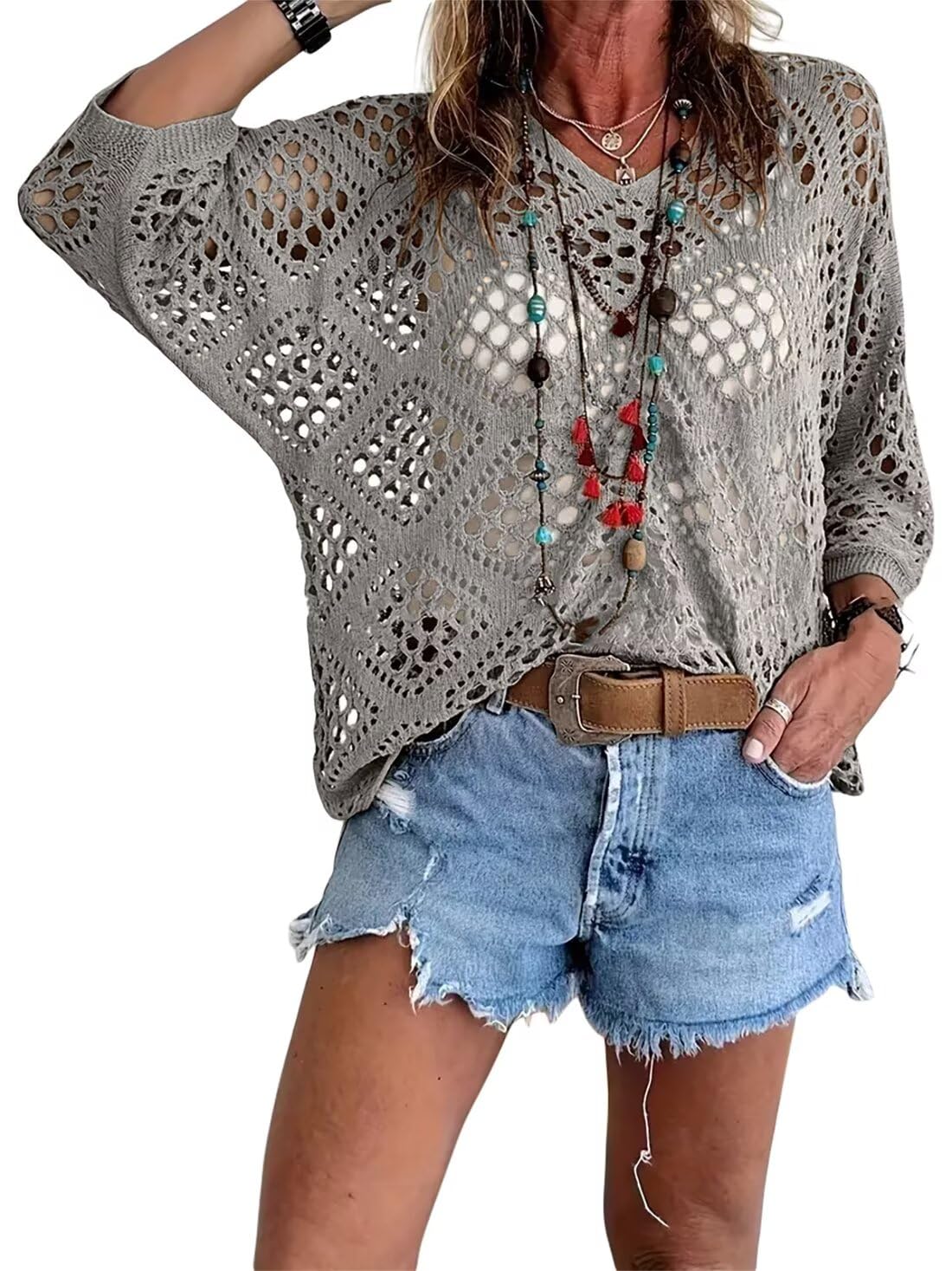 ❤️Womens Bohemian-Inspired Beige Crochet Top With V-Neck