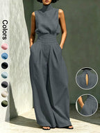 Elegant Linen Blend 2-Piece Set – Sleeveless Top & Wide Leg Pants