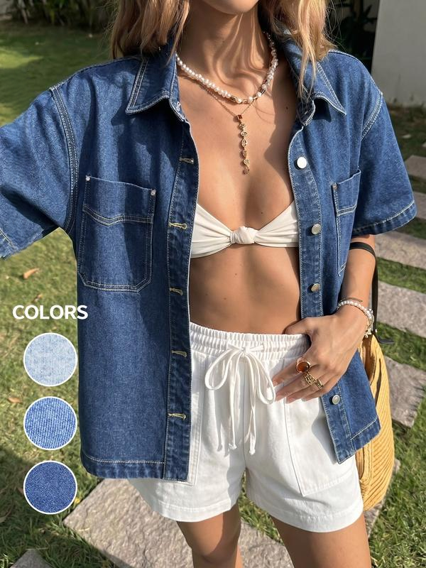 Vintage Short Sleeve Denim Jacket – Button-Down Trucker Shirt with Chest Pockets