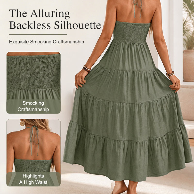 🌴 Women's Halter Neck Backless Maxi Dress – Tiered, Flowy, Resort Style 🌺