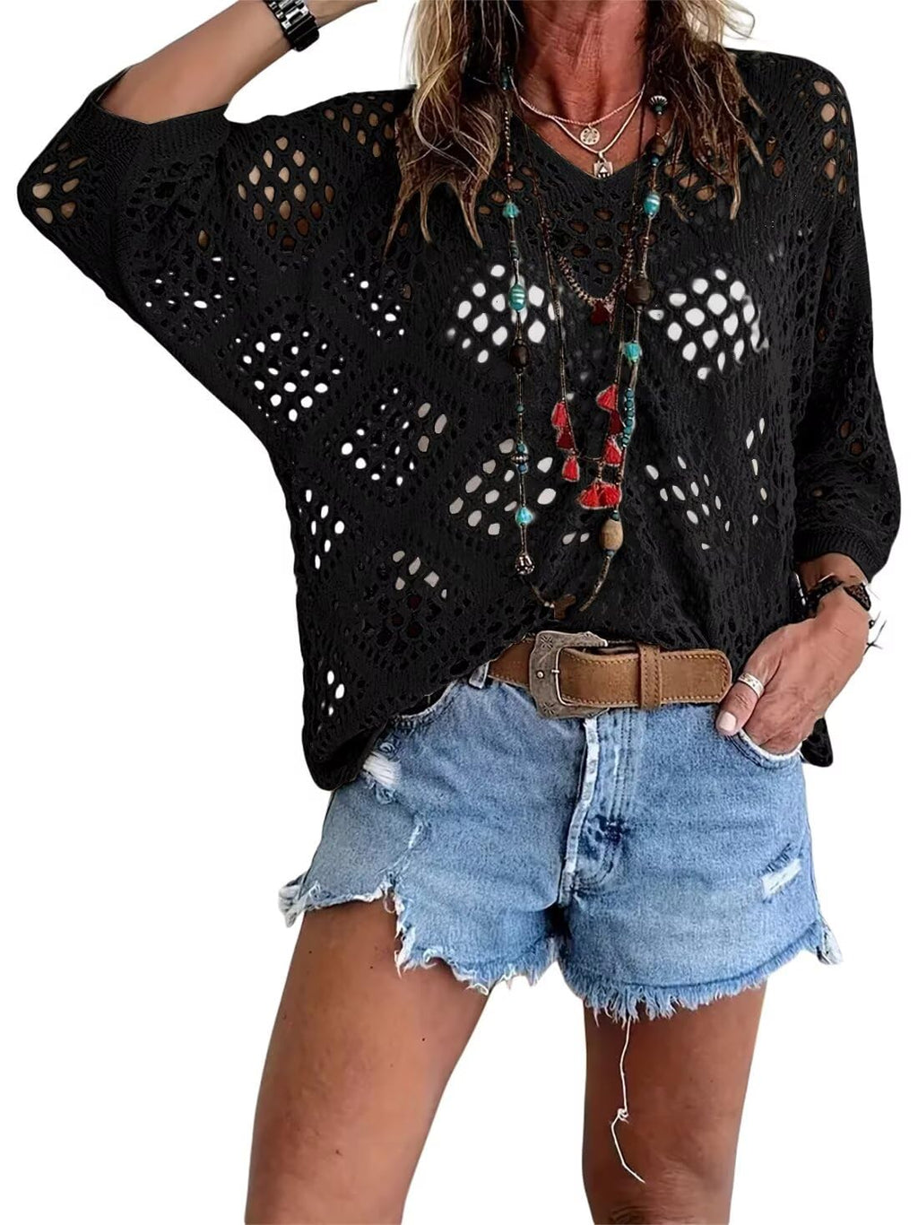 ❤️Womens Bohemian-Inspired Beige Crochet Top With V-Neck