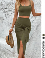 Women's Ribbed Crop Top & Wrap Split Skirt Set