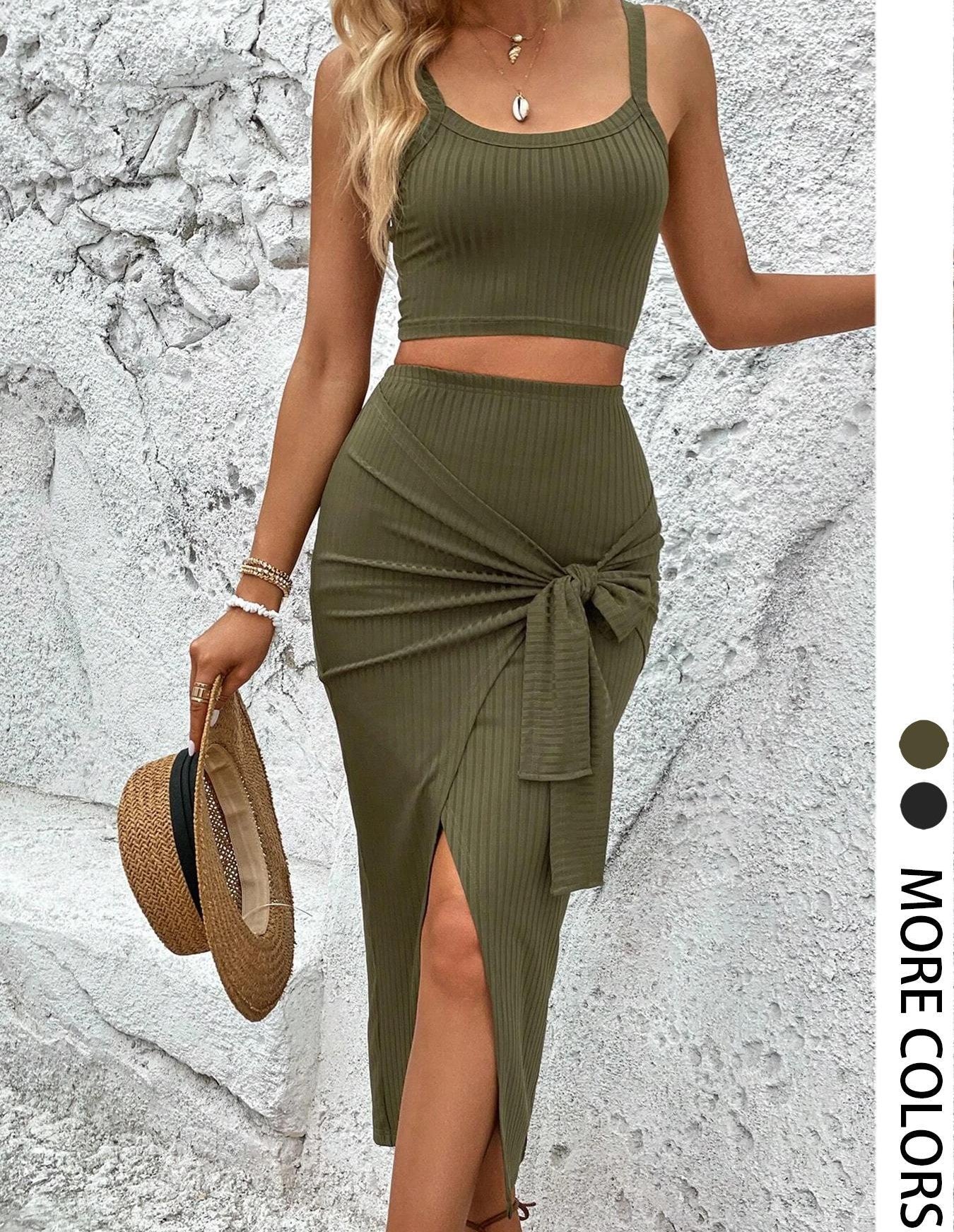 Women's Ribbed Crop Top & Wrap Split Skirt Set