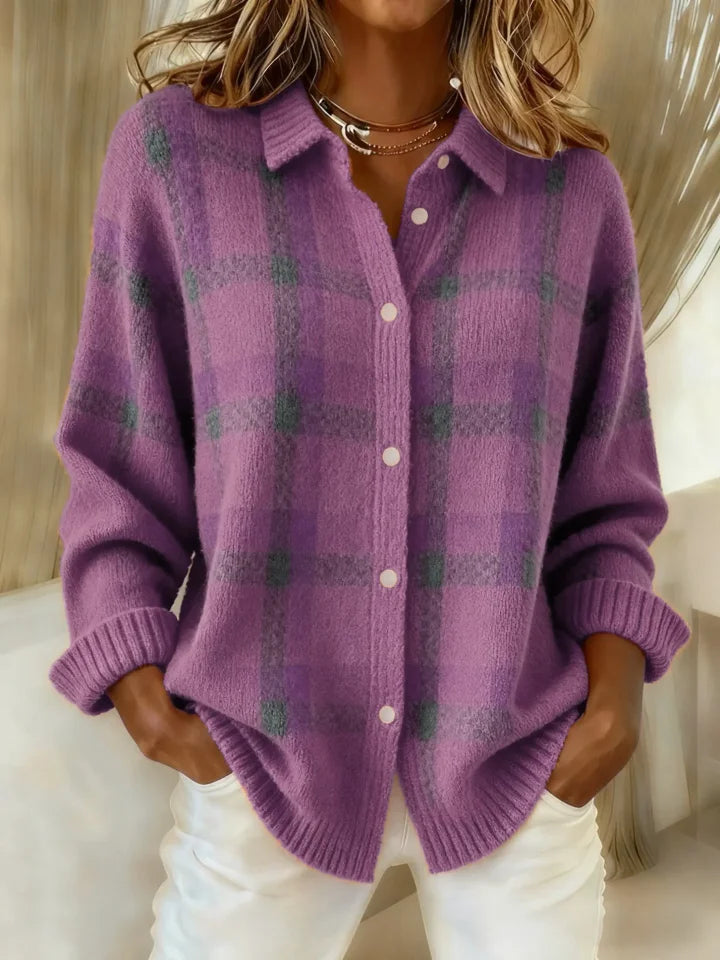 Purple plaid soft button-up cardigan shirt