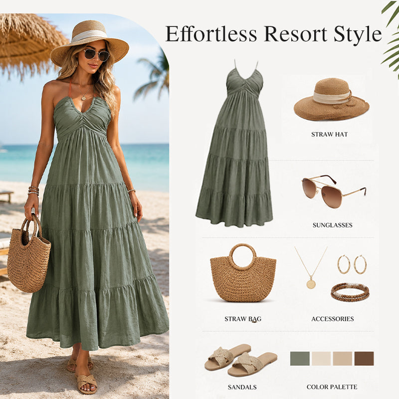 🌴 Women's Halter Neck Backless Maxi Dress – Tiered, Flowy, Resort Style 🌺