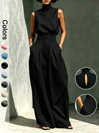 Elegant Linen Blend 2-Piece Set – Sleeveless Top & Wide Leg Pants