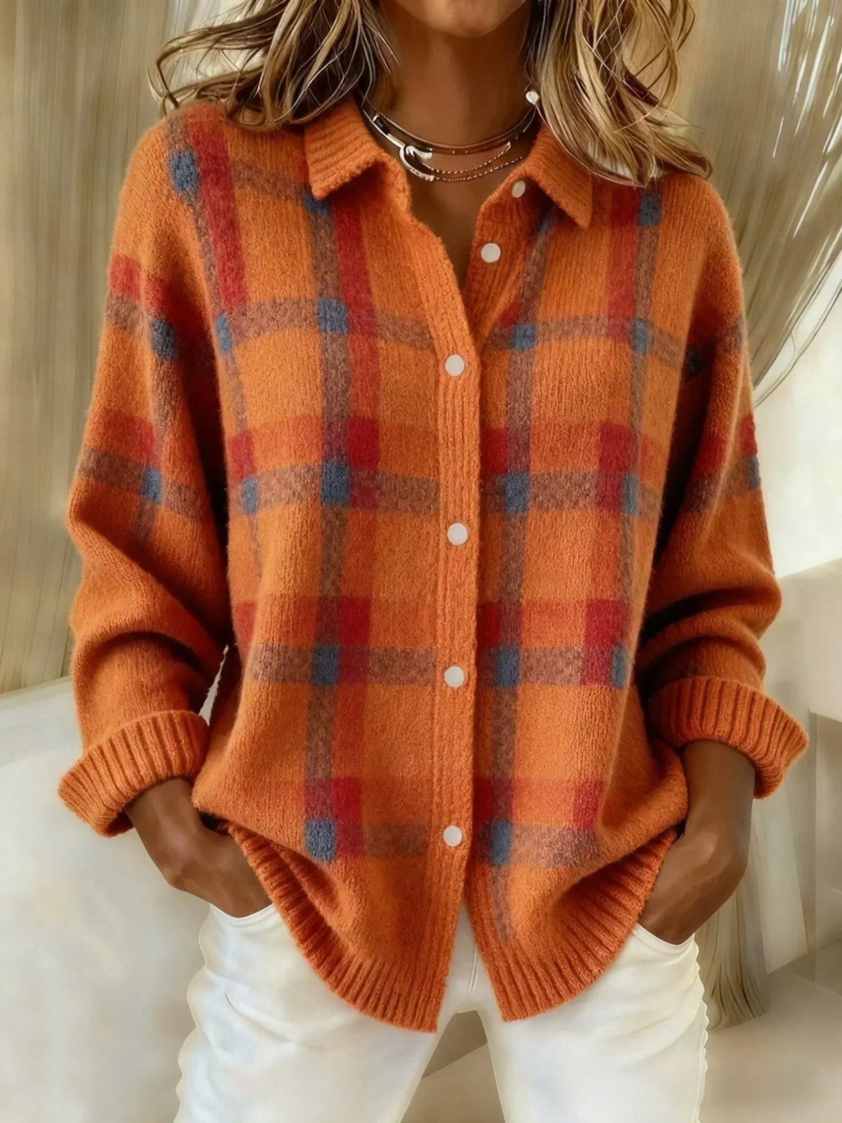 Orange plaid soft button-up cardigan shirt