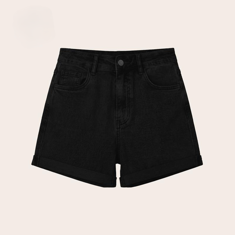 High Waisted Stretch Denim Shorts with Turn-Up Hem