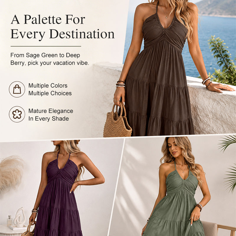 🌴 Women's Halter Neck Backless Maxi Dress – Tiered, Flowy, Resort Style 🌺