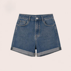High Waisted Stretch Denim Shorts with Turn-Up Hem