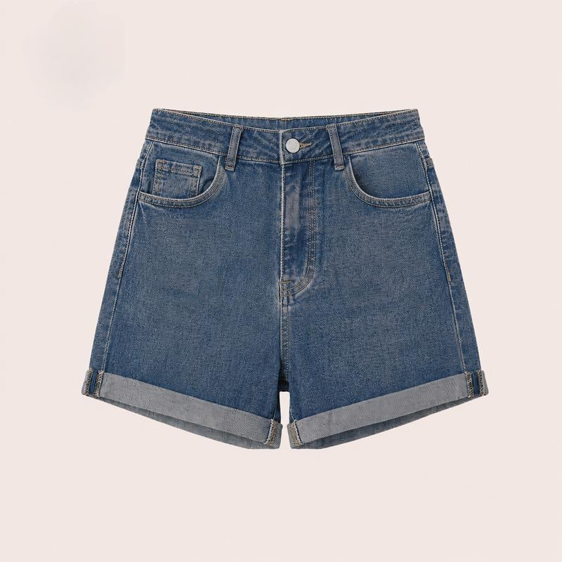 High Waisted Stretch Denim Shorts with Turn-Up Hem