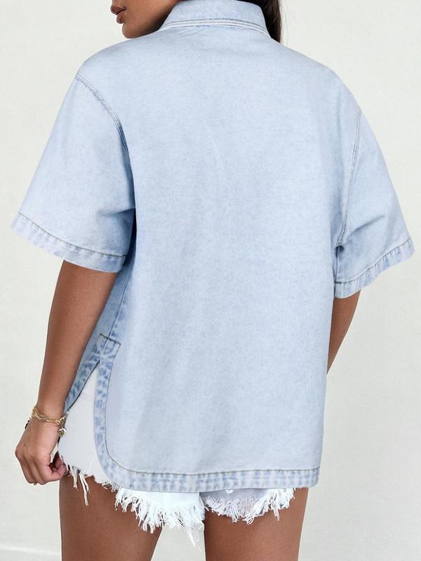 Vintage Short Sleeve Denim Jacket – Button-Down Trucker Shirt with Chest Pockets