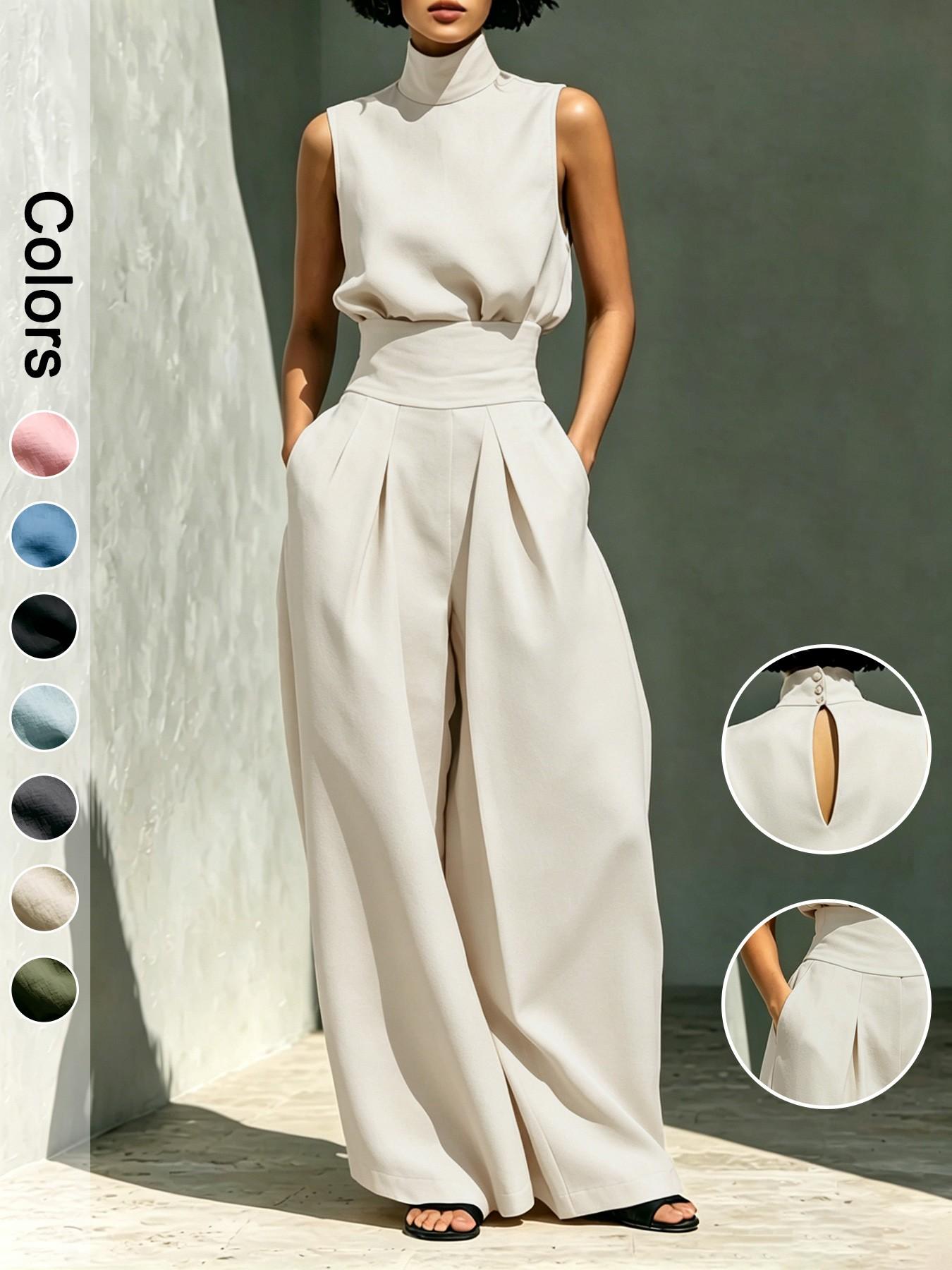 Elegant Linen Blend 2-Piece Set – Sleeveless Top & Wide Leg Pants