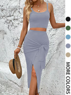 Women's Ribbed Crop Top & Wrap Split Skirt Set