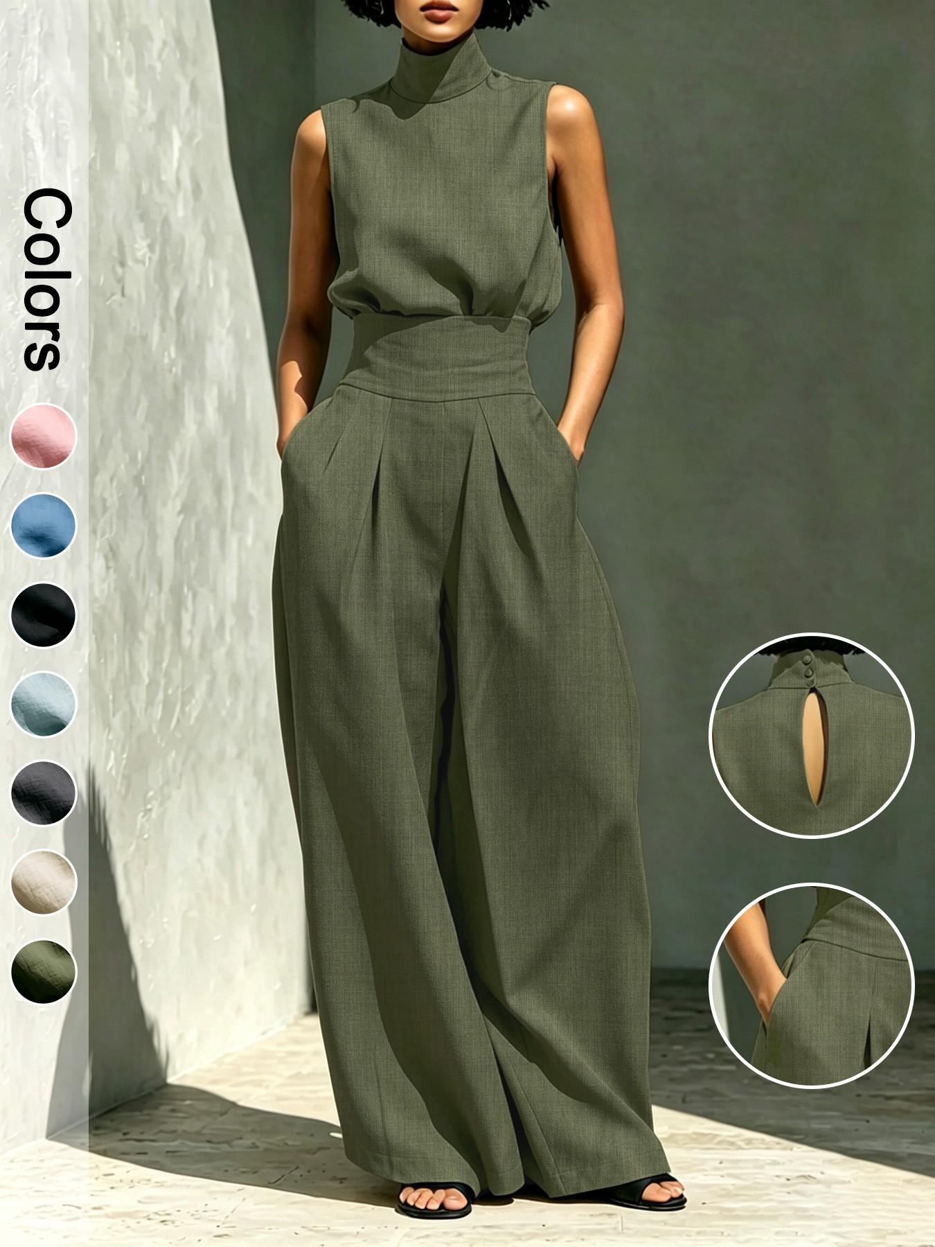 Elegant Linen Blend 2-Piece Set – Sleeveless Top & Wide Leg Pants