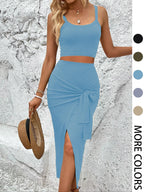 Women's Ribbed Crop Top & Wrap Split Skirt Set