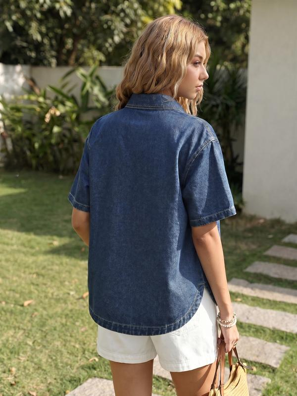 Vintage Short Sleeve Denim Jacket – Button-Down Trucker Shirt with Chest Pockets