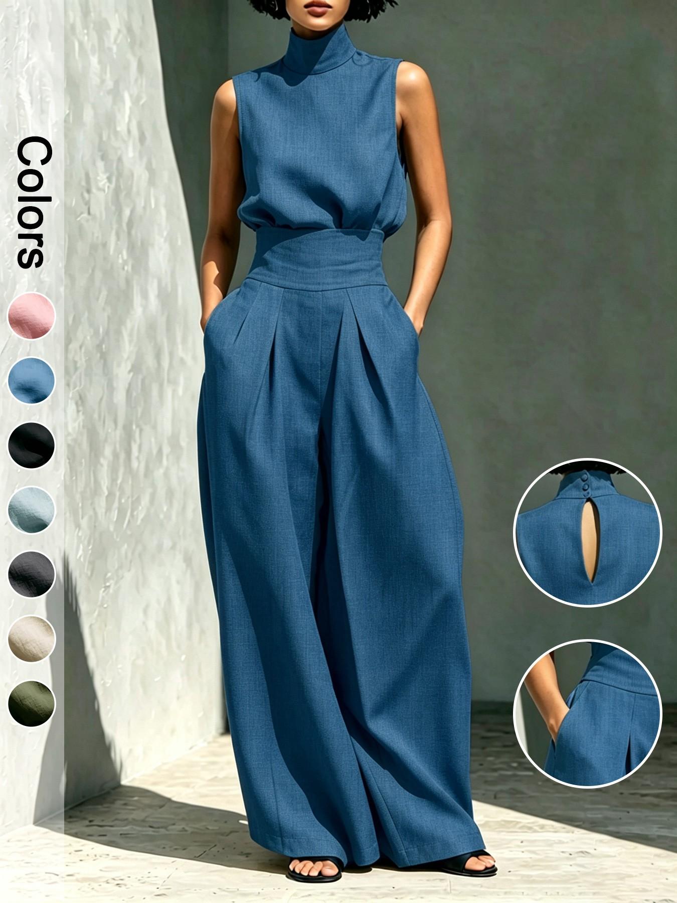 Elegant Linen Blend 2-Piece Set – Sleeveless Top & Wide Leg Pants