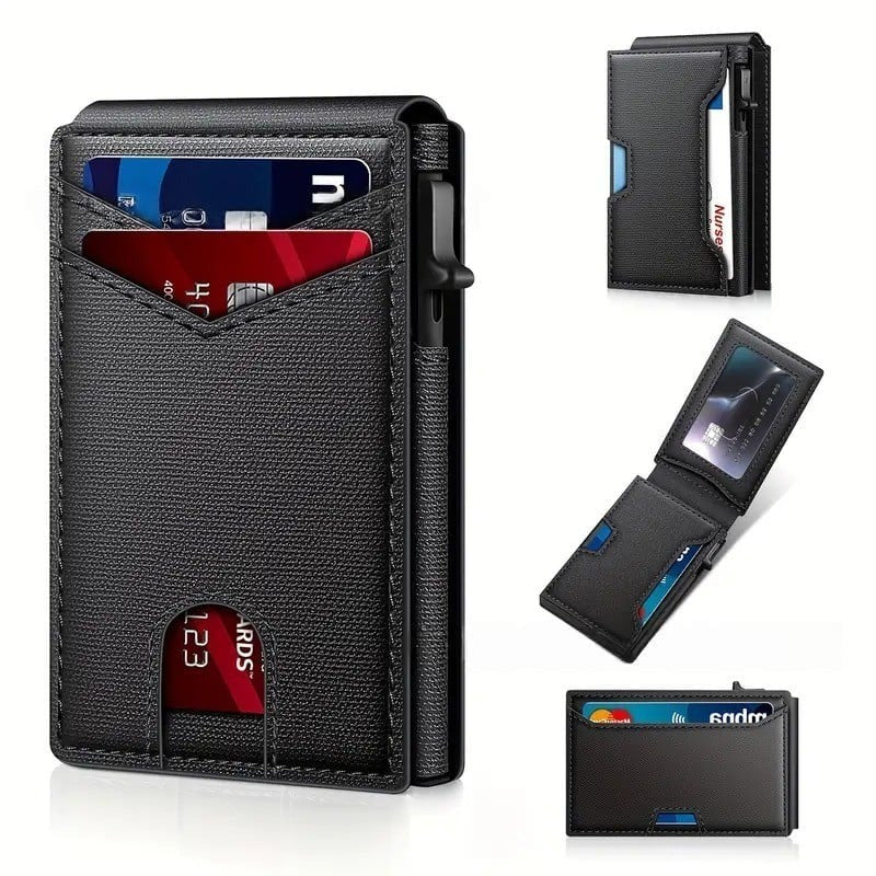 ✨Wallet - With Pop Up Aluminum Case Money Clip Slim Leather Slots Credit Card Holder RFID Blocking Bifold Minimalist Wallet