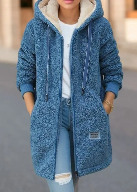 Long coat with hood and fleece lining
