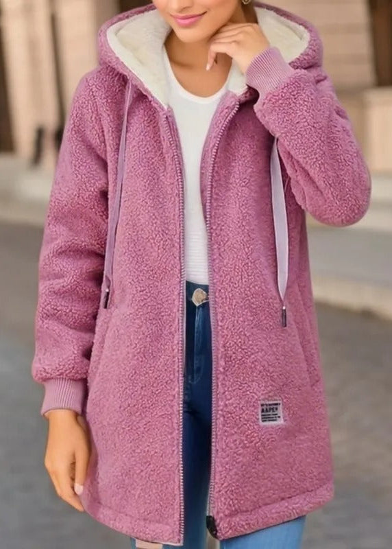 Long coat with hood and fleece lining