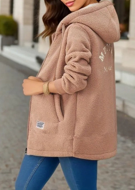 Long coat with hood and fleece lining