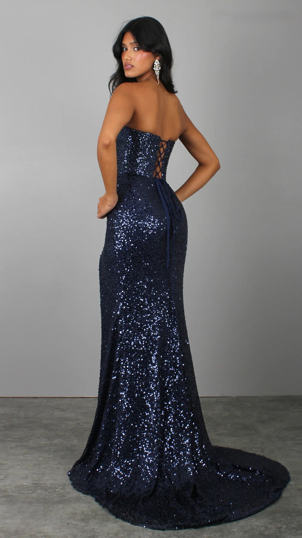 Navy Blue Formal Dress, Sequin and beaded Strapless corset, drop-waist fitted silhouette high leg slit