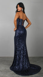Navy Blue Formal Dress, Sequin and beaded Strapless corset, drop-waist fitted silhouette high leg slit