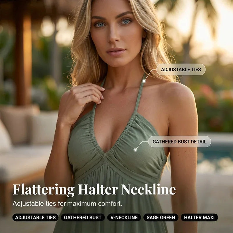 🌴 Women's Halter Neck Backless Maxi Dress – Tiered, Flowy, Resort Style 🌺