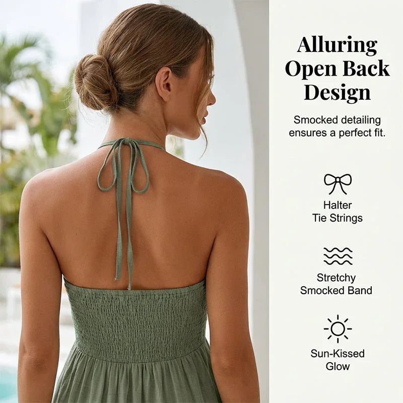 🌴 Women's Halter Neck Backless Maxi Dress – Tiered, Flowy, Resort Style 🌺