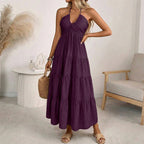 🌴 Women's Halter Neck Backless Maxi Dress – Tiered, Flowy, Resort Style 🌺