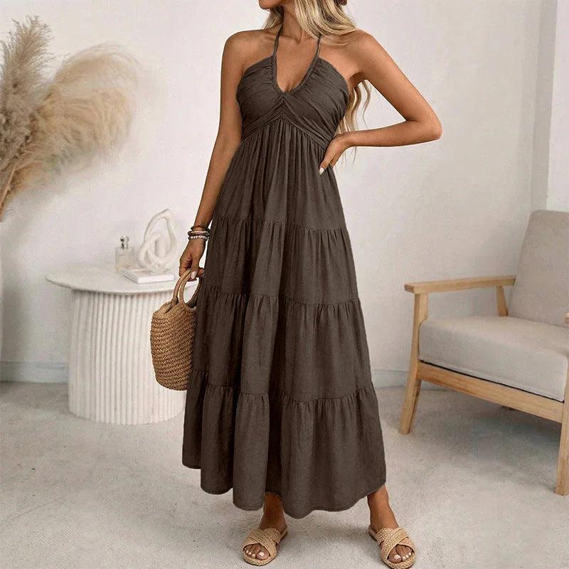 🌴 Women's Halter Neck Backless Maxi Dress – Tiered, Flowy, Resort Style 🌺